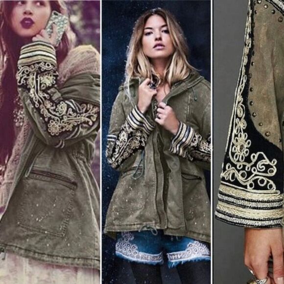 FREE PEOPLE Golden Quills Military Parka Jacket Coat Green Rhinestones M RARE - Picture 3 of 16